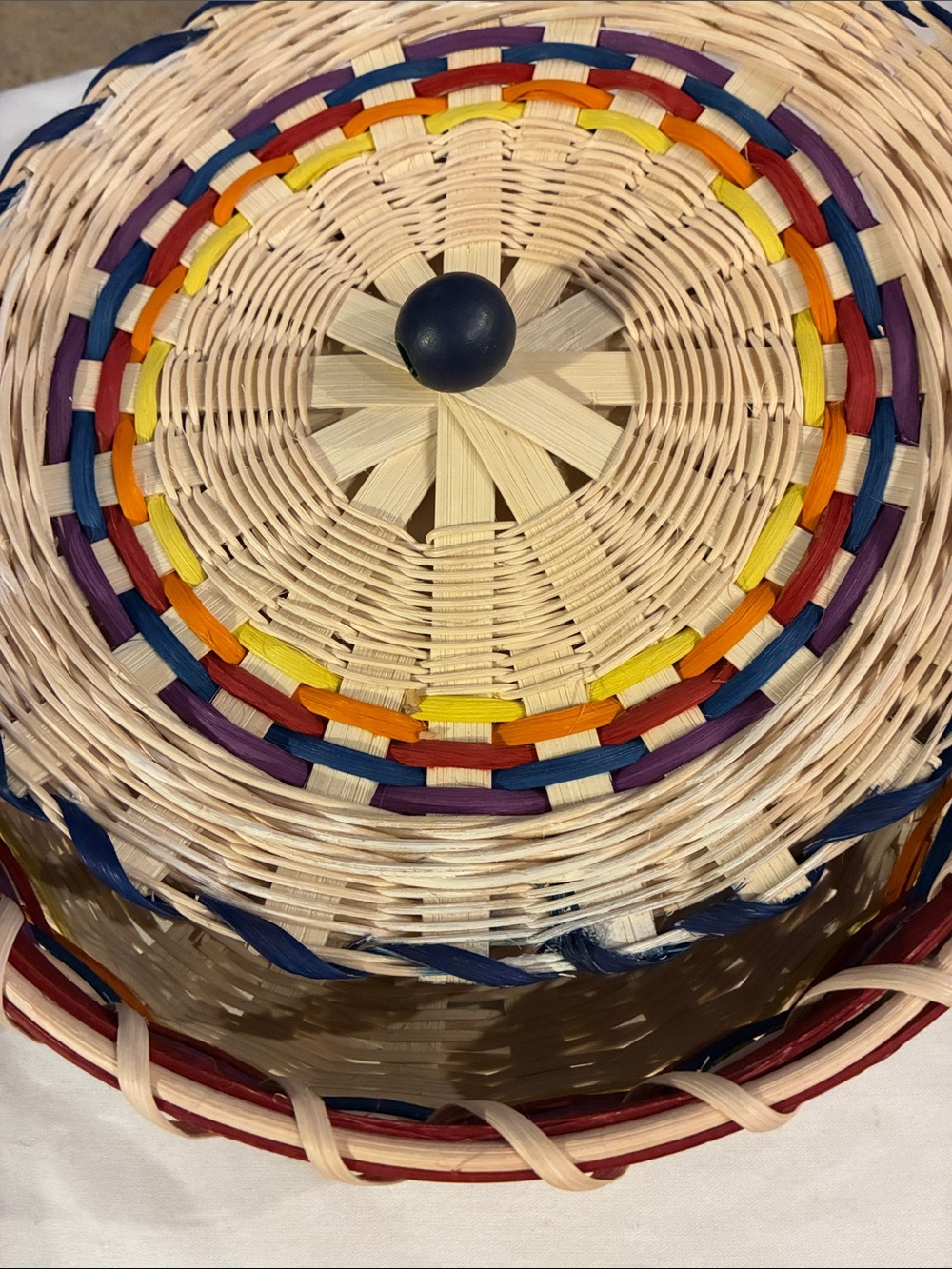 Handwoven Tortilla Basket Natural Wicker Basket Multicolor Accent Lid Wood Knob